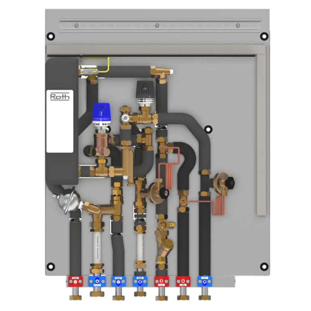 Roth-Wohnungsstation mit mehreren Ventilen und Rohren, die in einem kompakten Gehäuse angeordnet sind, für die Steuerung von Heizungs- oder Warmwassersystemen.